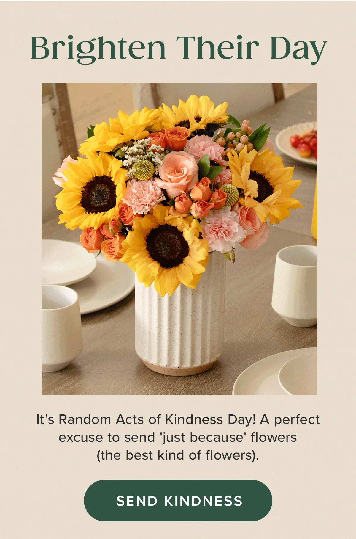 Brighten Their Day. It's Random Acts of Kindness Day! A perfect excuse to send 'just because' flowers (the best kind of flowers). Send Kindness Brighten Their Day. It's Random Acts of Kindness Day! A perfect excuse to send 'just because' flowers (the best kind of flowers). Send Kindness