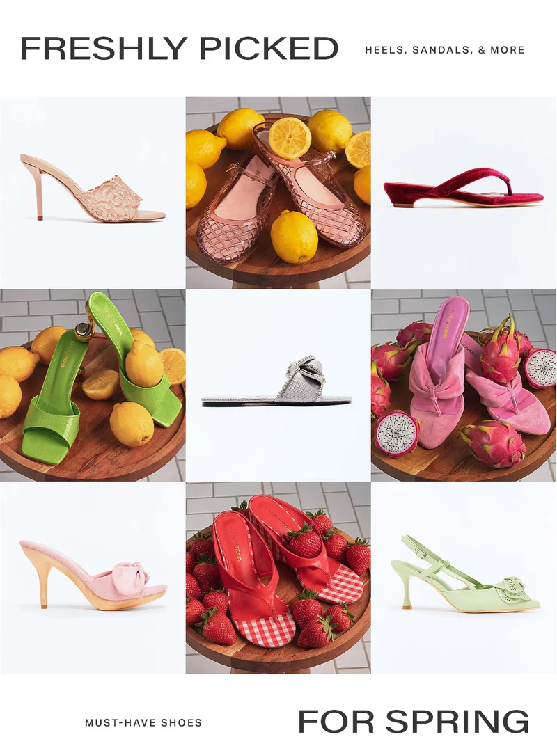 Freshly Picked spring shoe collection: vibrant heels, sandals, and mules styled with lemons, dragon fruit, and strawberries. Must-have new arrivals.