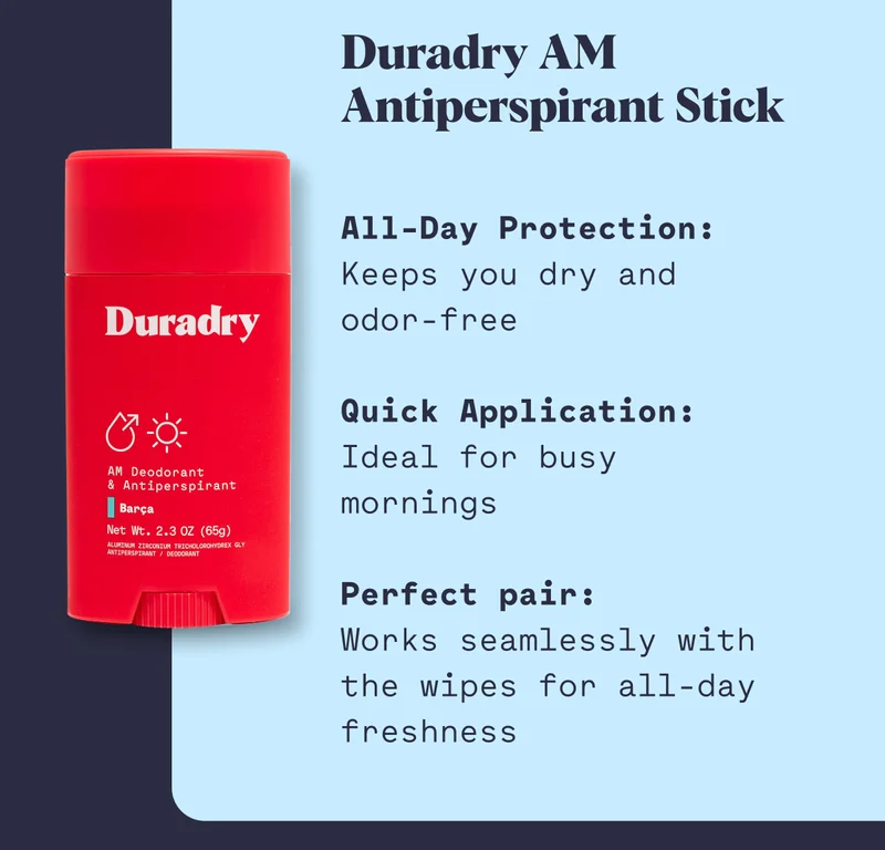 Duradry AM Antiperspirant Stick All-Day Protection: Keeps you dry and odor-free  Quick Application: Ideal for busy mornings  Perfect pair: Works seamlessly with the wipes for all-day freshness
