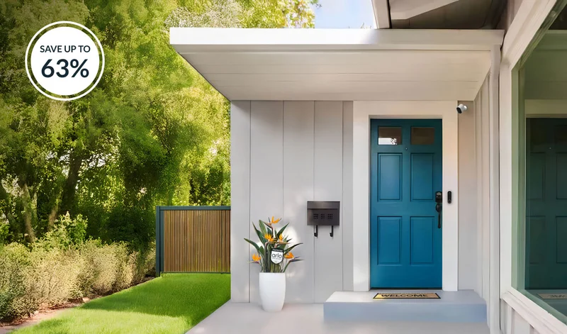 Up to 63% off. Exterior of a home on a sunny day with various Arlo security products in view.