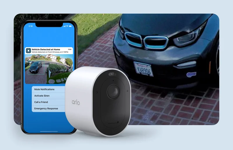 Phone showing a simulated Arlo screen image of an Arlo Secure notification next to a Pro 5S 2K Camera and a zoomed-in image of a car's front license plate.