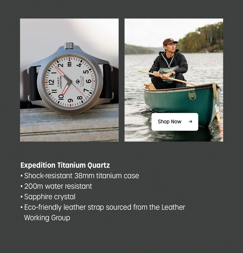 Expedition Titanium Quartz | Shock-resistant 38mm titanium case | 200m water resistant | Sapphire crystal | Eco-friendly leather strap sourced from the Leather Working Group | Shop Now