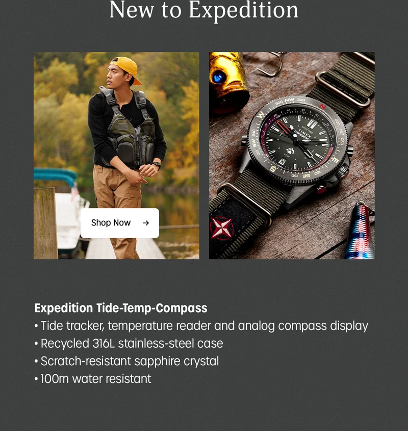 New to Expedition | Expedition Tide-Temp-Compass | Tide tracker, temperature reader and analog compass display | Recycled 316L stainless-steel case | Scratch-resistant sapphire crystal | 100m water resistant | Shop Now