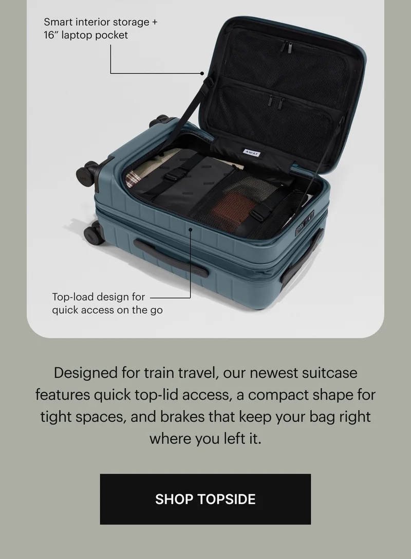 Top-load design for quick access on the go, Smart interior storage + 16”  laptop pocket | Designed for train travel, our newest suitcase features quick top-lid access, a compact shape for tight spaces, and brakes that keep your bag right where you left it.