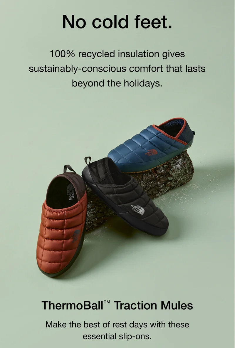 100% recycled insulation gives sustainably-conscious comfort that lasts beyond the holidays. - ThermoBall Traction Mules