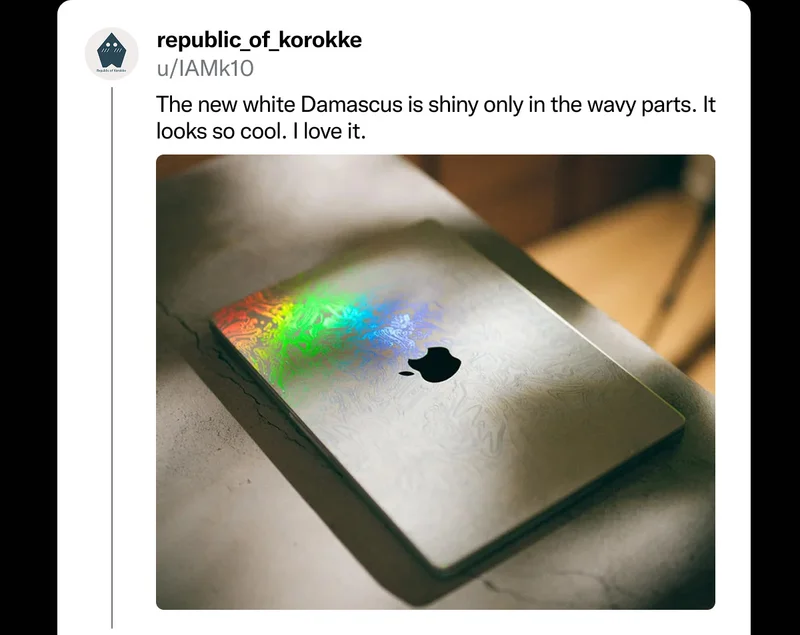 republic_of_korokke on Reddit: "The new white Damascus is shiny only in the wavy parts. It looks so cool. I love it."