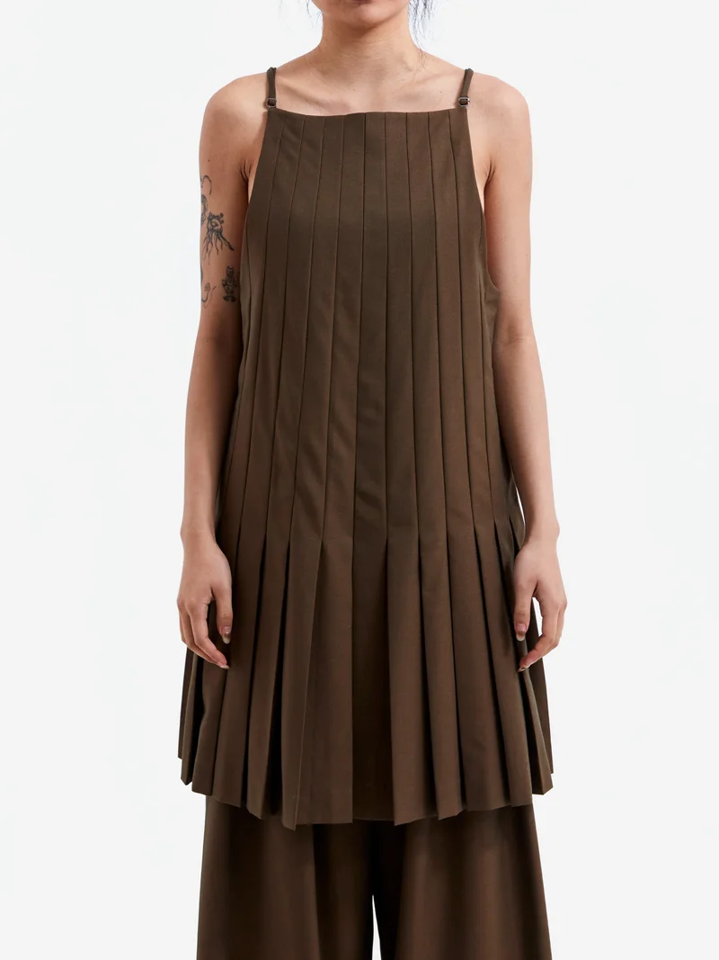 Image of RhodolirioN Apron Pleats Dress  - Tan