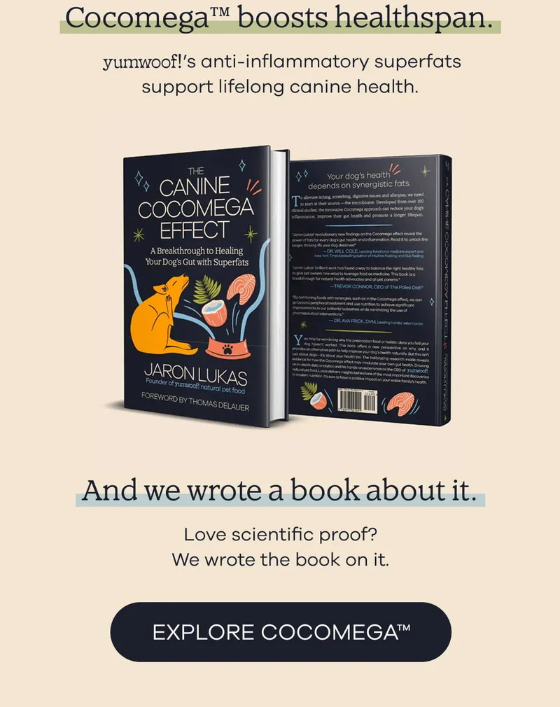 Cocomega boosts healthspan. Yumwoof!'s anti-inflammatory superfats support lifelong canine health. And we wrote a book about it.