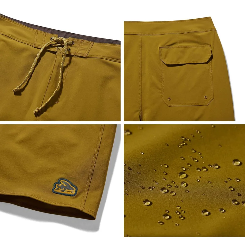 Detail photos: textured drawcord, back pocket, flying fish logo on hem, durable water repellent finish.