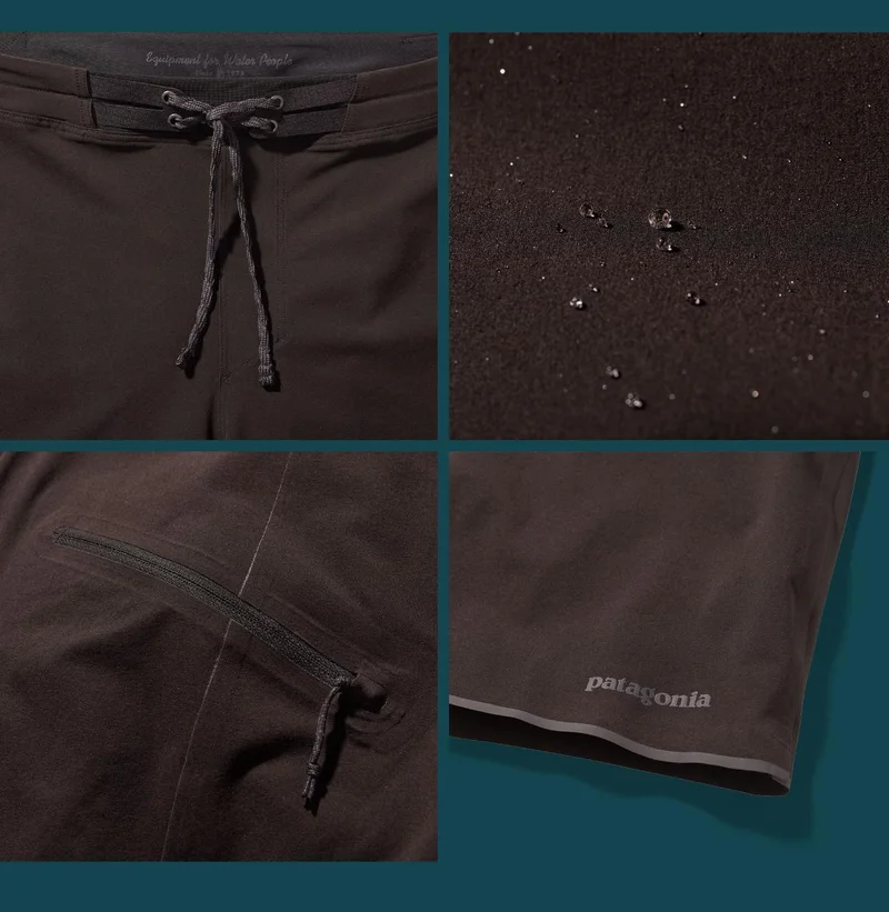 Detail photos: textured drawcord, bonded side seams with zip pocket, Patagonia logo on hem, durable water repellent finish.