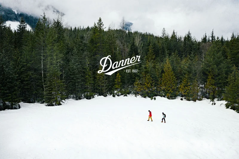 Two people hiking over a snowy clearing at the edge of a forest