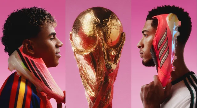 On the left, Lamine Yamal in a side portrait holding the F50 soccer cleats. On the right, Jude Bellingham in a side portrait holding the Predator soccer cleats. In the center, a close-up view of the FIFA World Cup Trophy.