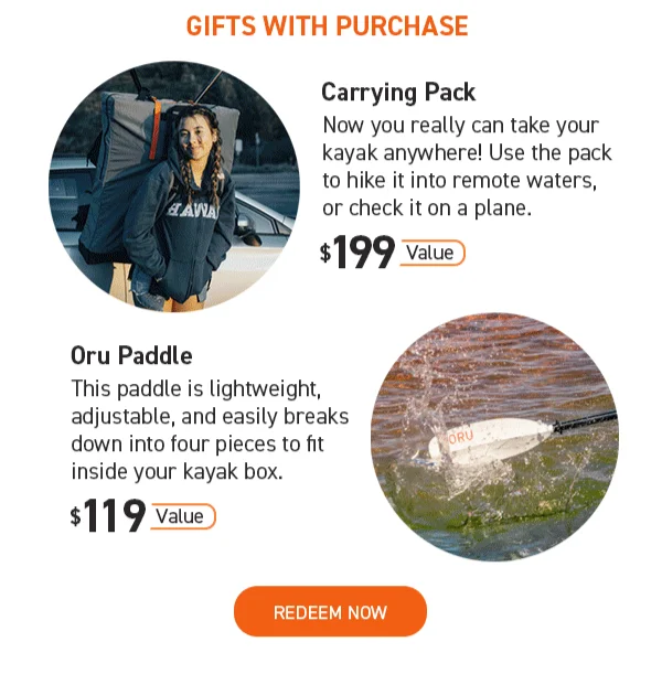 LAST CHANCE! Get a FREE paddle + carrying pack ($318 value) with any kayak purchase!