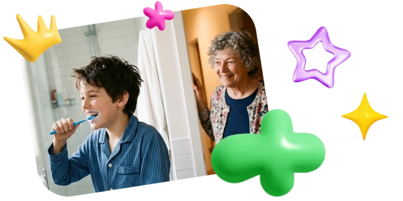 A grandmother watches from the bathroom doorway as a pre-teen kid brushes his teeth.