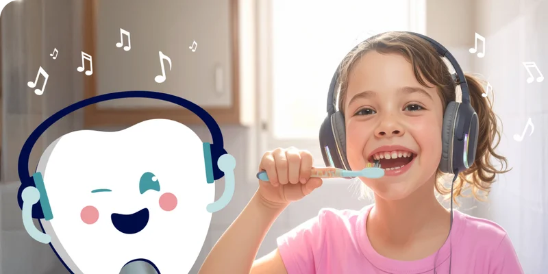 A child smiles while brushing their teeth with headphones on. A tooth animation wearing headphones smiles at the bottom of the image