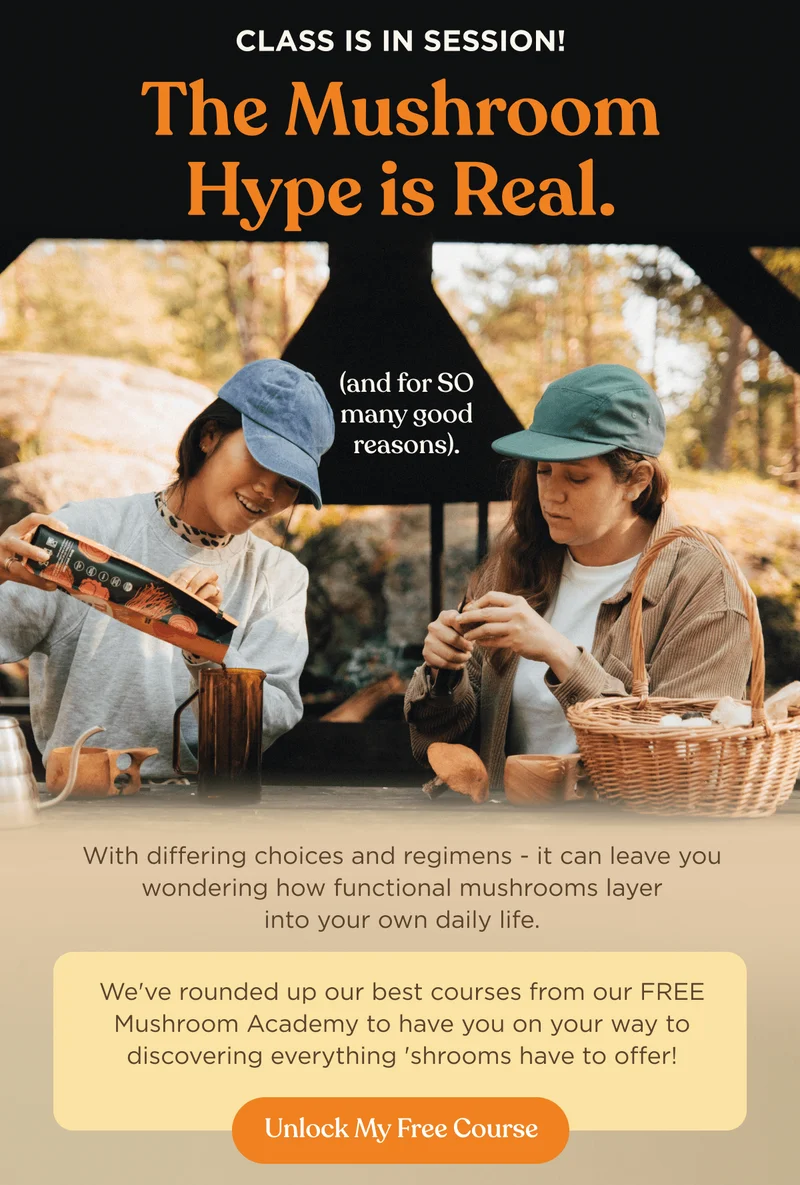 Class is in session! | The mushroom hype is real. (and for so many good reasons). With different choices and regimens - it can leave you wondering how functional mushrooms layer into your own daily life. | We've rounded up our best courses from our FREE Mushroom Academy to have you on your way to discovering everything 'shrooms have to offer! | Unlock My Free Course