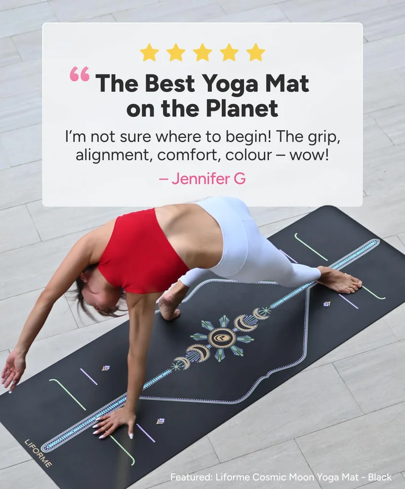 The Best Yoga Mat on the Planet “ I’m not sure where to begin! The grip, alignment, comfort, colour – wow! – Jennifer G Featured: Liforme Cosmic Moon Yoga Mat - Black