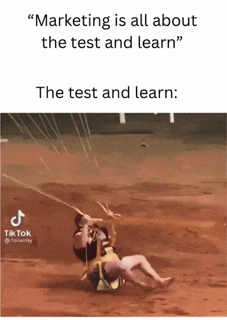 'Marketing is all about the test and learn' The test and learn: with a GIF of someone paragliding and crashing into the sand before getting to the water