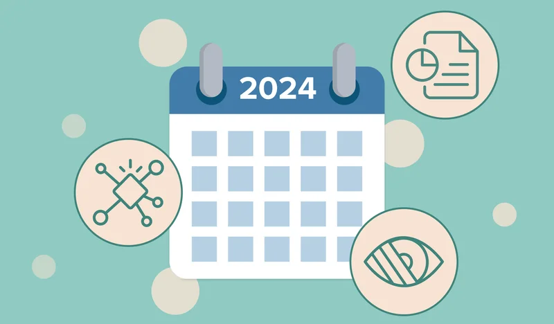 A 2024 calendar with icons representing interactivity, accessibility, and AI-powered recommendations.