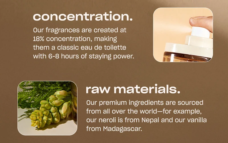 Our fragrances are created at 18% concentration, making them a classic eau de toilette with 6-8 hours of staying power. Our premium ingredients are sourced from all over the world—for example, our neroli is from Nepal and our vanilla from Madagascar.