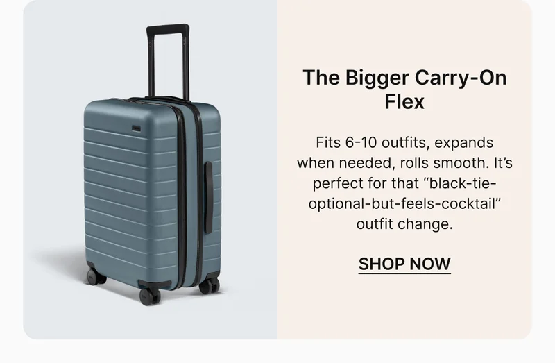 Fits 6-10 outfits, expands when needed, rolls smooth. It’s perfect for that “black-tie-optional-but-feels-cocktail” outfit change.