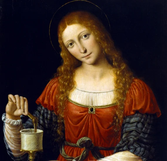 A Renaissance (c. 1524) oil-on-panel painting depicting Mary Magdalene transferring ointment from a maiolica pharmacy jar to a smaller vessel.