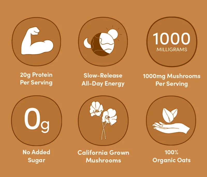 20g of Protein Per Serving | Slow-Release All-Day Energy | 1000mg Mushrooms Per Serving | No Added Sugar | California Grown Mushrooms | 100% Organic Oats