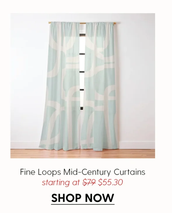 Fine Loops Mid-Century Modern Abstract Minimalist Pattern in Vintage Celadon Blue and Buff Curtain