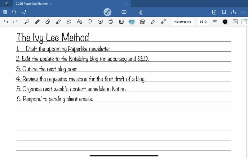 A list of the top six priorities for a workday, using the Ivy Lee Method.