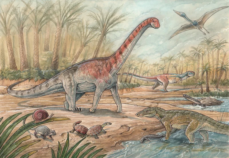 Hundreds of fossils found at a quarry in Northern Patagonia provide a snapshot of what a desert pond ecosystem might have looked like in the late Cretaceous period. Researchers found a previously undiscovered species of titanosaur (illustrated above) among other fossilized creatures at the site.