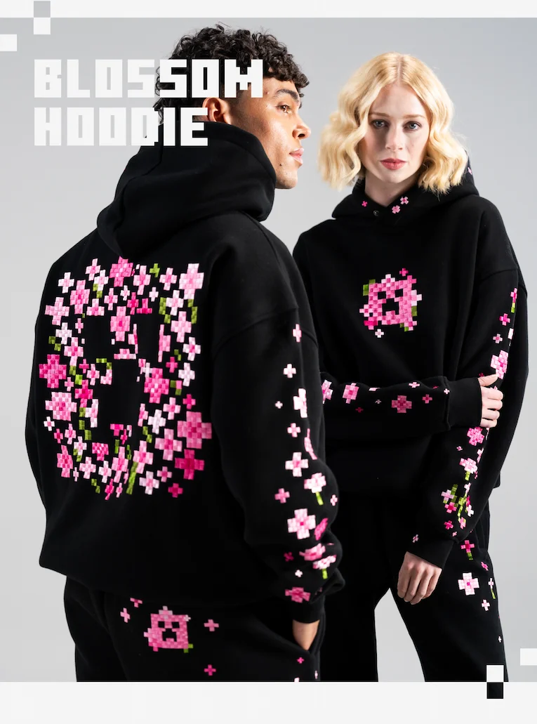 (pic of male and female models showing the front and back of the Cool Shirtz Blossom Hoodie) BLOSSOM HOODIE in white text overlay.