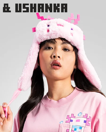 Close up of female model wearing Cool Shirtz' Axolotl Ushanka