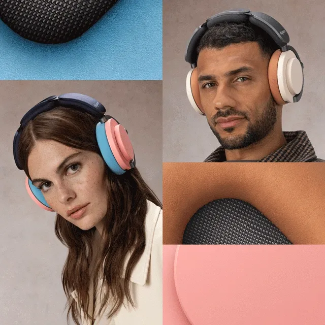 Two models wear the OnTrac headphones in different colors, while images of the caps and cushions close-up flash behind them.