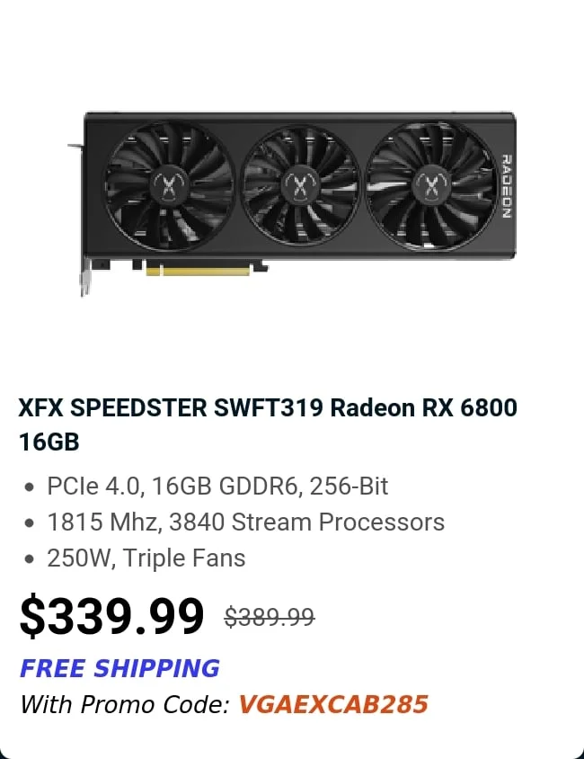 XFX SPEEDSTER SWFT319 Radeon RX 6800 16GB