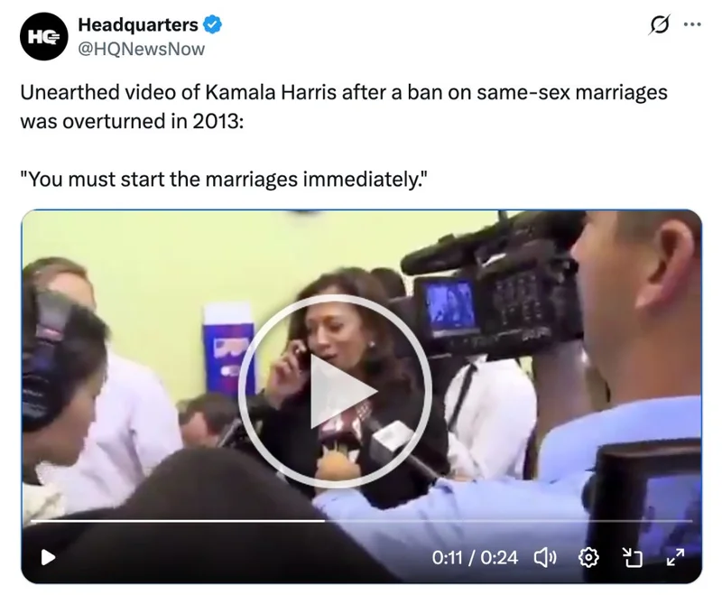 Unearthed video of Kamala Harris after a ban on same-sex marriages was overturned in 2013:You must start the marriages immediately