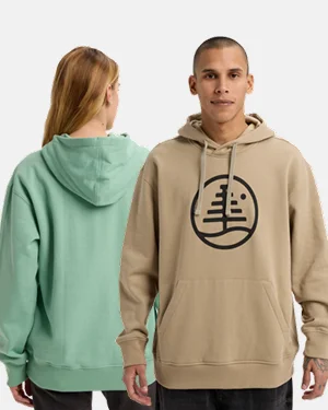 Studio shot of the Burton Family Tree Pullover Hoodie in beige on a male model and teal on a female model