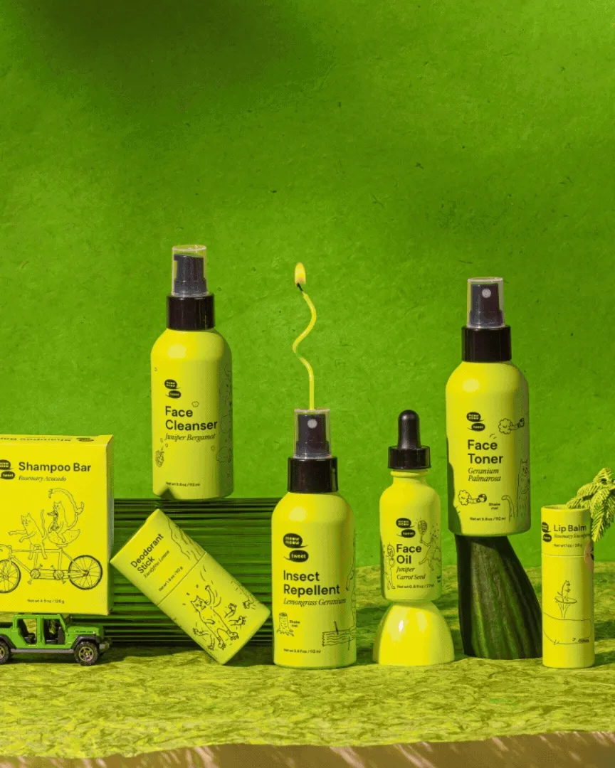 A slideshow of various styling of skincare products, including one photo of a person applying a balm to another persons face.