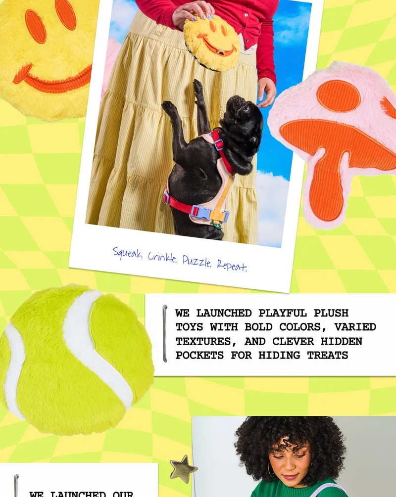 WE LAUNCHED PLAYFUL PLUSH TOYS WITH bold colors, varied textures, and clever hidden pockets for hiding treats