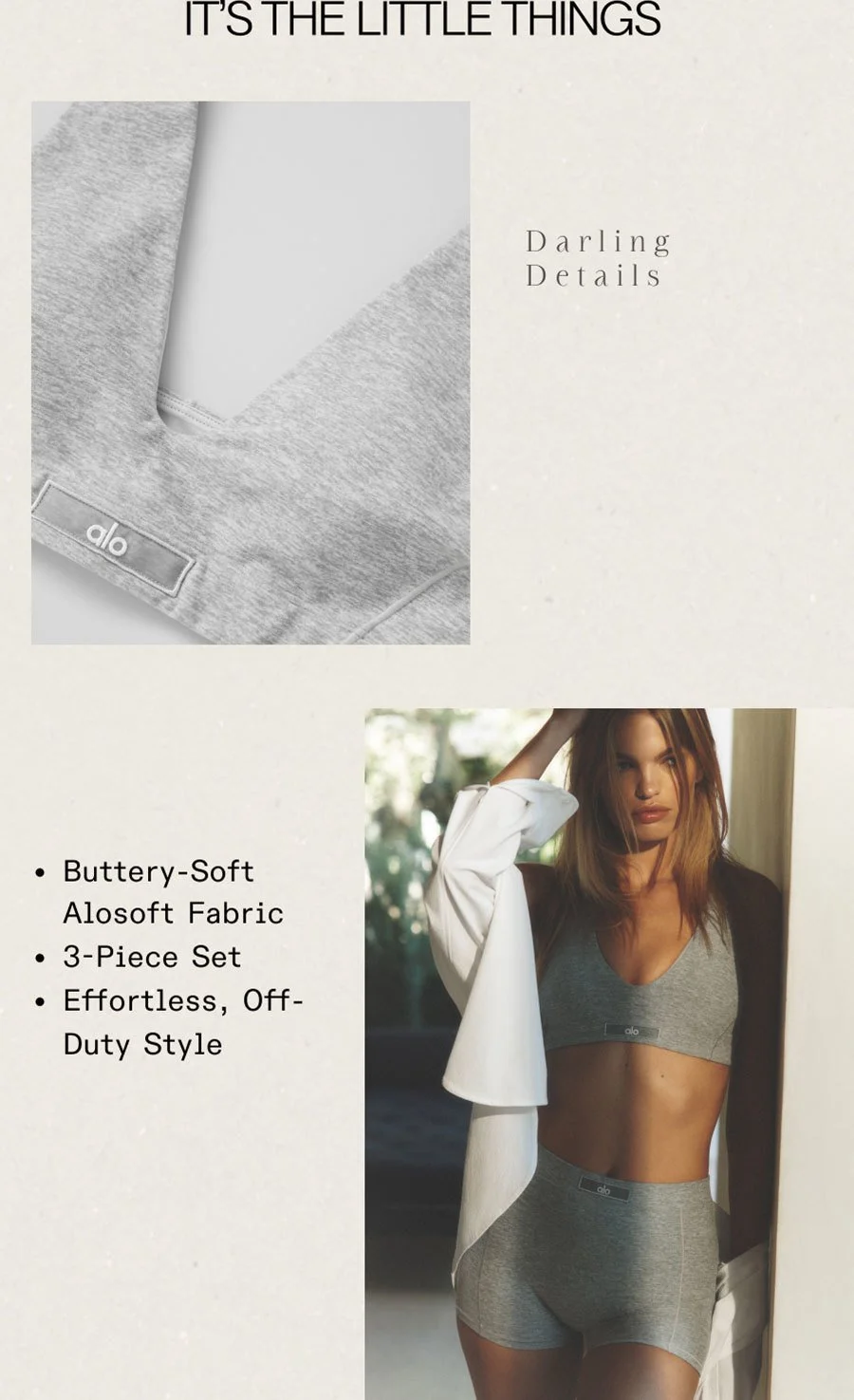 IT'S THE LITTLE THINGS. Darling Details. Buttery-Soft Alosoft Fabric. 3-Piece Set. Effortless, Off-Duty Style