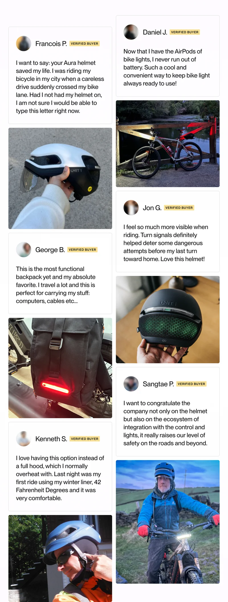 Collage of customer testimonials and photos of the smart helmets, highlighting positive user experiences and safety features.