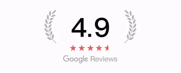 Google Reviews score showing a 4.9-star rating with a laurel icon, symbolizing high customer satisfaction.