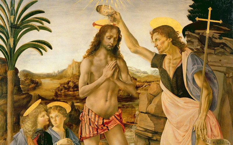 “The Baptism of Christ by John the Baptist,” c. 1475 (oil on panel), by Andrea Verrocchio & Leonardo da Vinci.