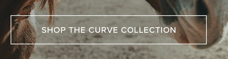 Warm brown and tan horses fill the frame. White text overlay: "Shop the Curve Collection." Discover the latest items in this new collection.