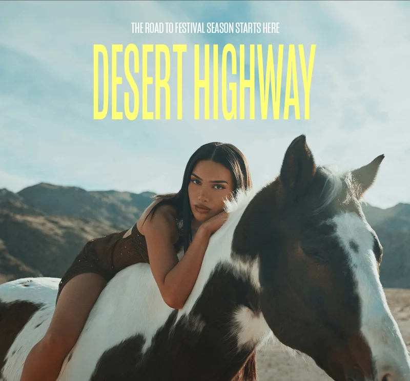 Stylish woman in a bronze top on a pinto horse against a desert backdrop. New Desert Highway collection for festival season.
