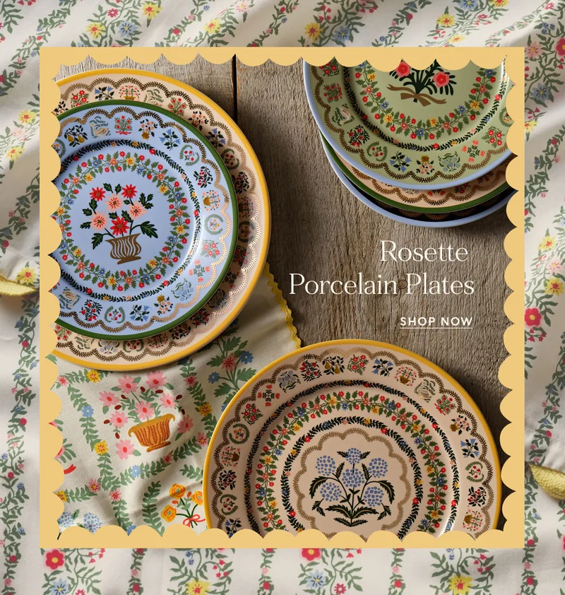 Rosette Porcelain Plates Rosette  Porcelain Plates Our collection with Corkcicle pairs our signature florals with their innovative, triple-insulated drinkware—so you can enjoy your favorite hot or cold beverage anytime, anywhere. Shop now