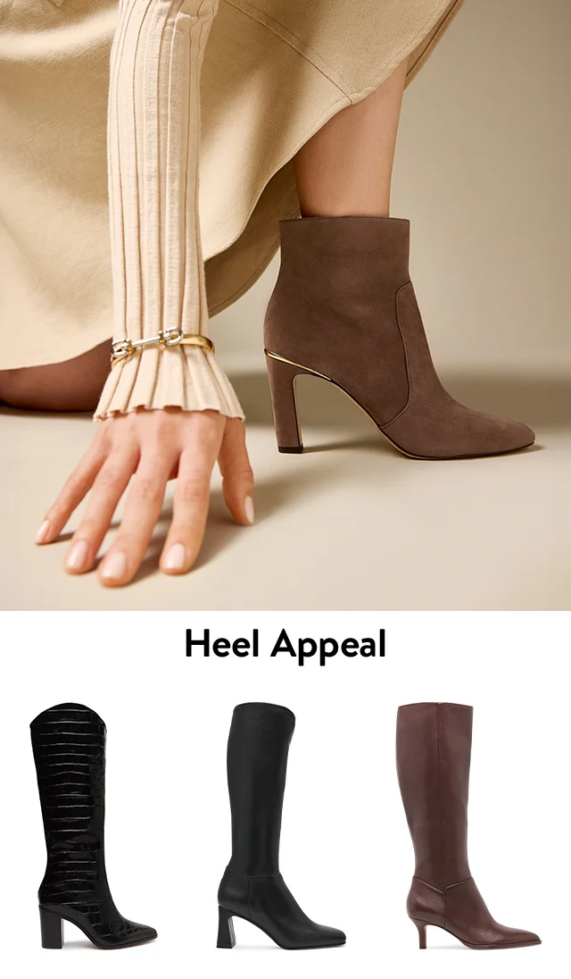A woman wearing brown high-heel booties. Tall black and brown boots.