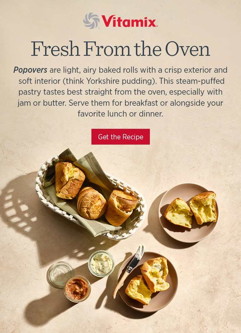 Popovers are light, airy baked rolls with a crisp exterior and soft interior (think Yorkshire pudding). This steam-puffed pastry tastes best straight from the oven, especially with jam or butter. Serve them for breakfast or alongside your favorite lunch or dinner.