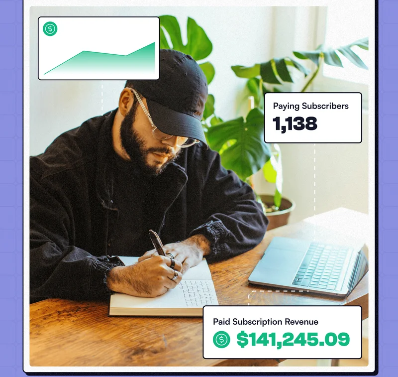 An image of a content creator writing in his notebook and tracking his paid subscription revenue.