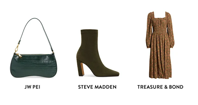 An ankle bootie, floral-print dress and green shoulder bag.