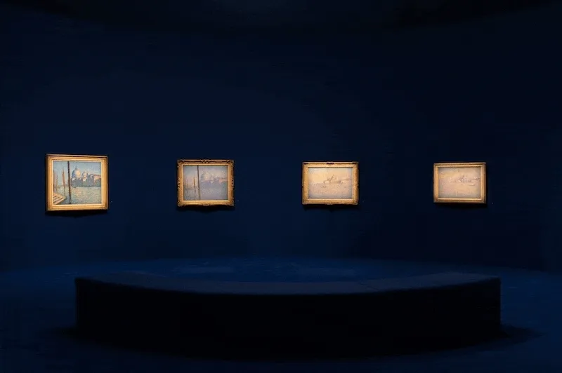 A GIF of Monet paintings hung on a gallery wall, friends drinking and smiling, and a man and child admiring a wall of handmade fish